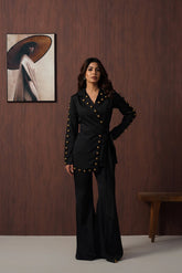 Black Studded Wrap Blazer with Wide-Leg Palazzo Co-Ord Set
