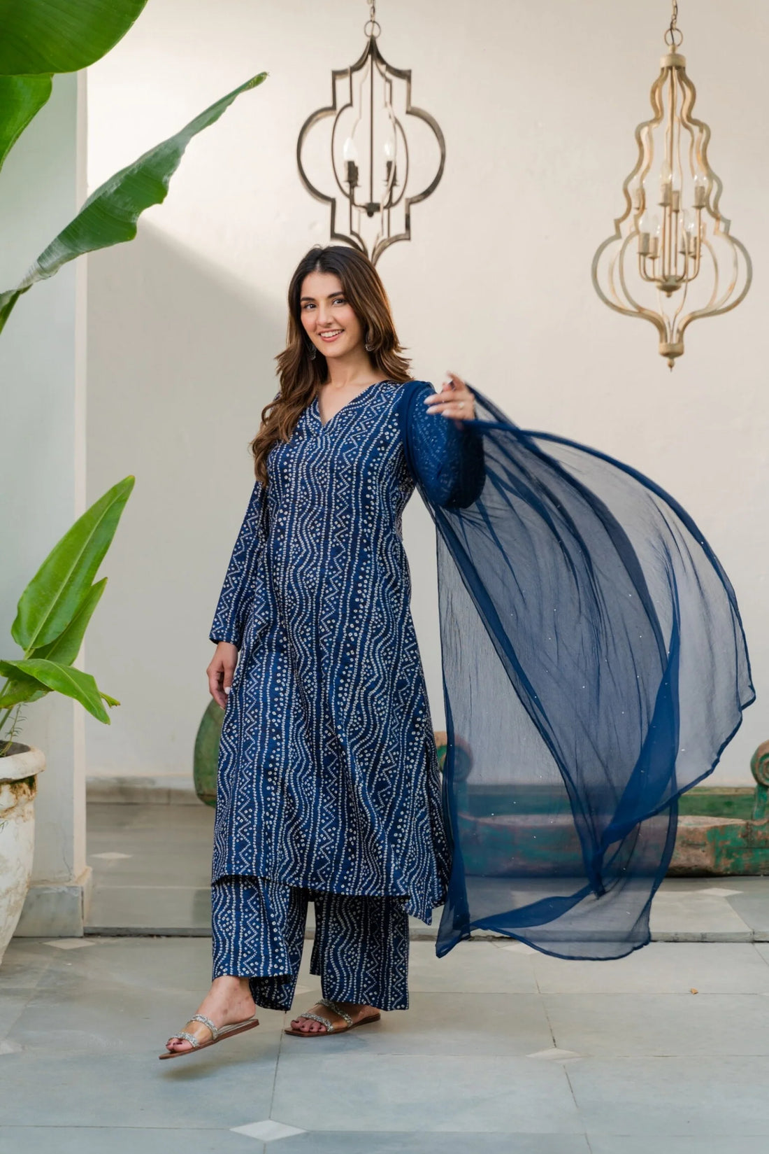 Navy Blue Cotton Glaze Bandhani Suit Set
