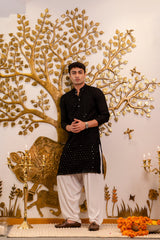 Jet Black Cotton Chikan Mirror Kurta