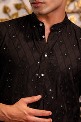 Jet Black Cotton Chikan Mirror Kurta