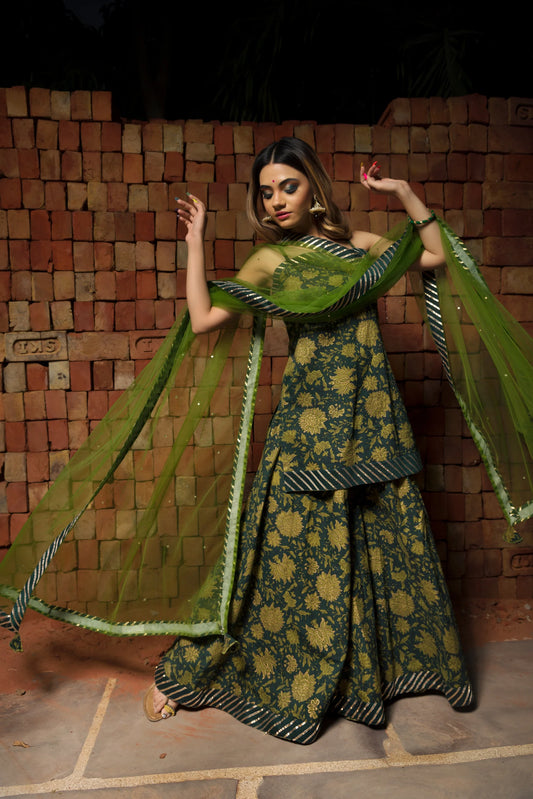 Orchid Green Cotton Hand Block Skirt Set