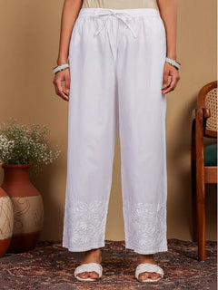 Cotton White Chikankari Straight Palazzo