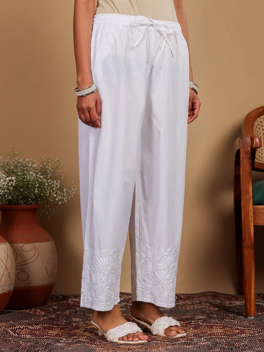 Cotton White Chikankari Straight Palazzo