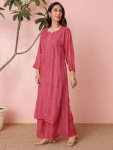 Premium Muslin Coral Pink Chikankari Kurti Palazzo Set