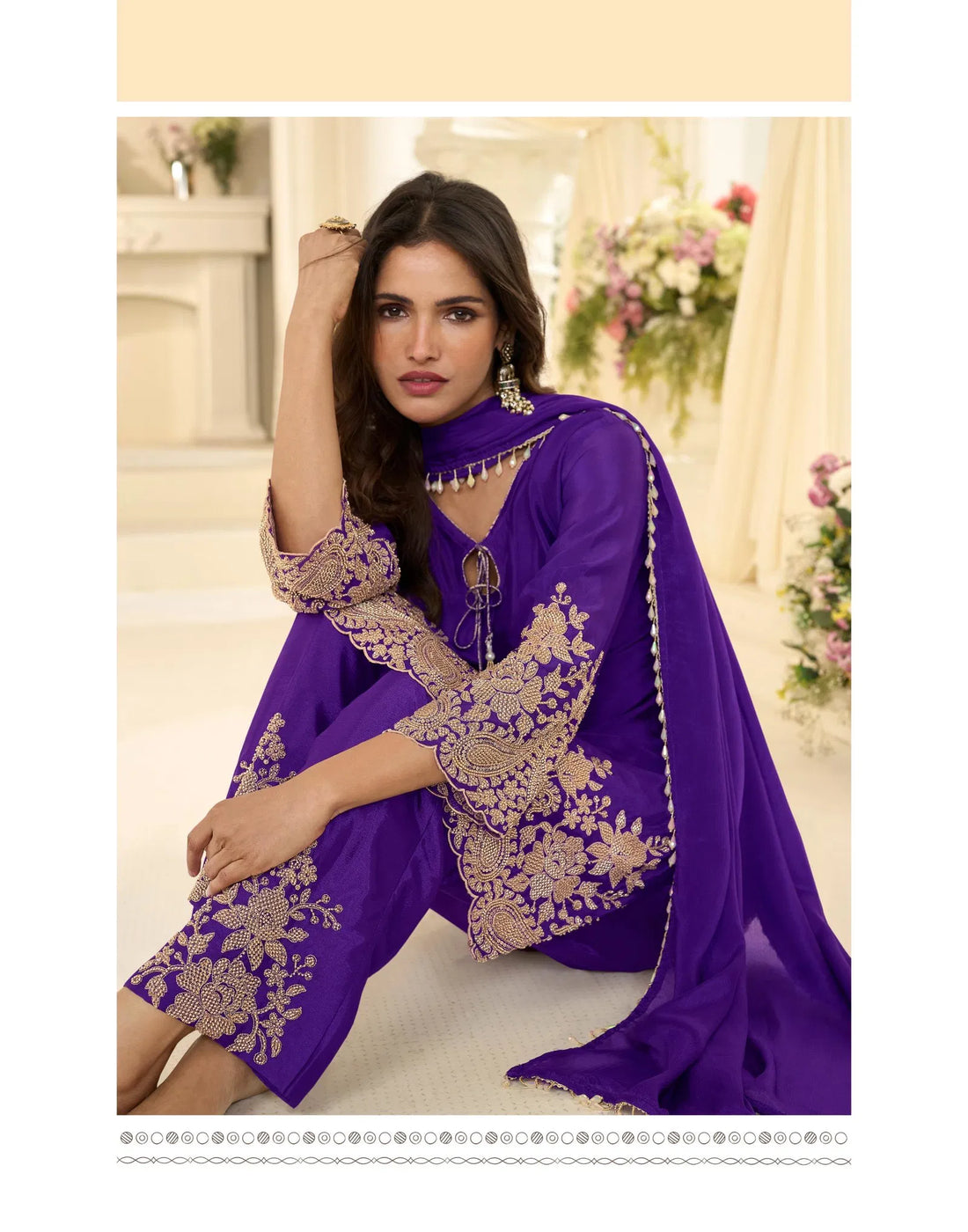 Latest Trendy Pakistani Style Rose Gold Beads Work Embroidered Top With Beads Embroidered Pant And Dupatta