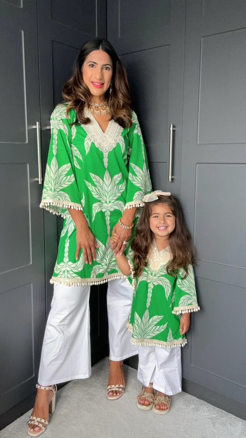 Emerald Palm Girls Green Kurta Set