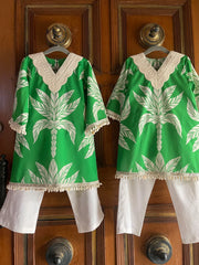 Emerald Palm Girls Green Kurta Set