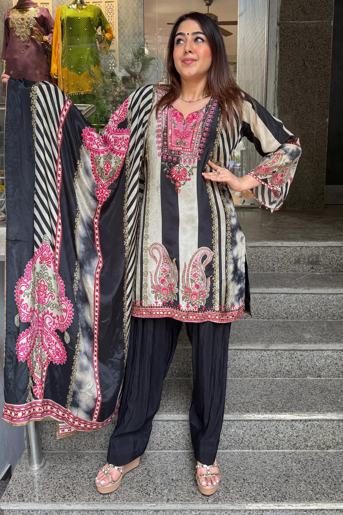 Cream & Black Printed Farshi Suit Set with Statement Dupatta