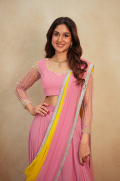 Vanilla Pink & Yellow Designer Lehenga Saree