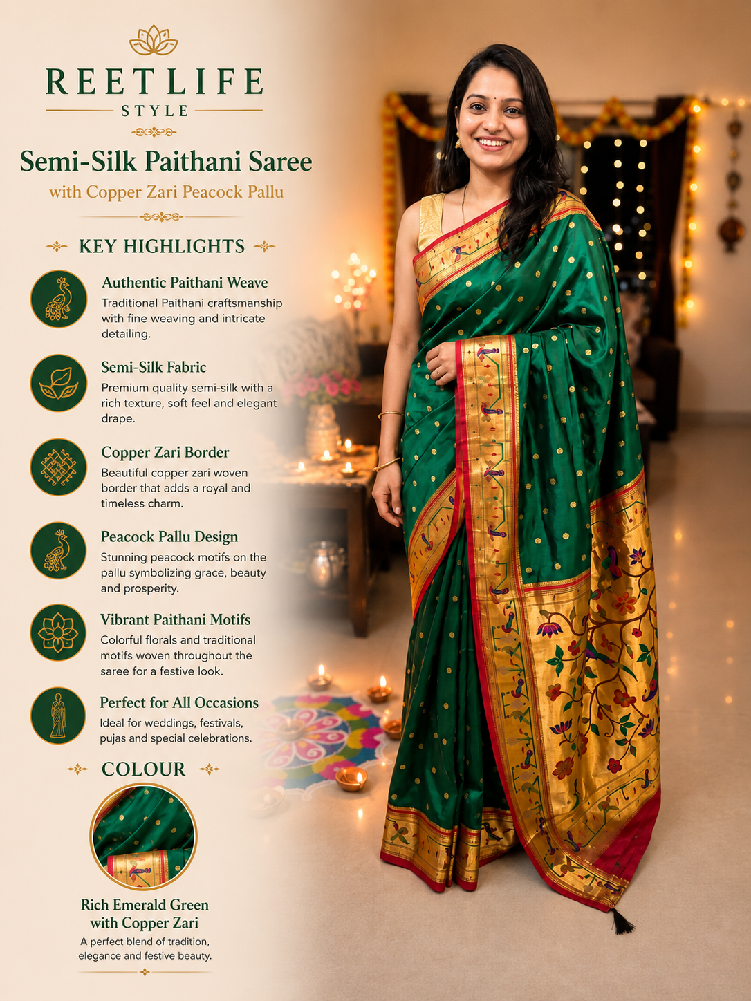 Semi-Silk Paithani Saree with Copper Zari Peacock Pallu