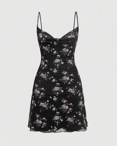 Floral Print Black Swing Collar Dress