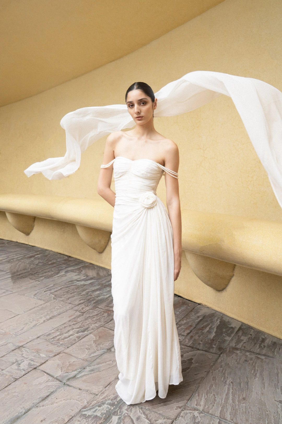 Ivory Pearl Cascade Off-Shoulder Gown