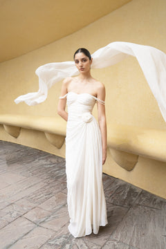 Ivory Pearl Cascade Off-Shoulder Gown