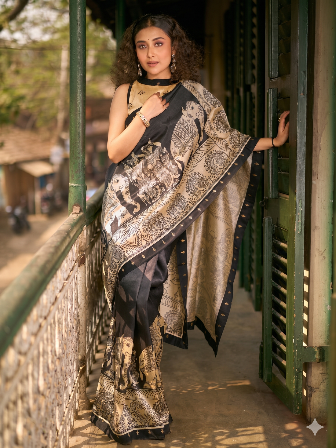 Traditional Black Art Silk Kalamkari Printed Saree with Detailed Pallu with Stiched Blouse