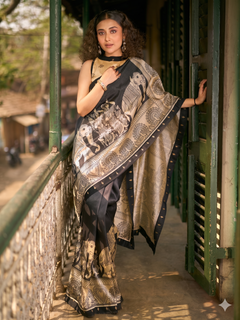 Traditional Black Art Silk Kalamkari Printed Saree with Detailed Pallu with Stiched Blouse