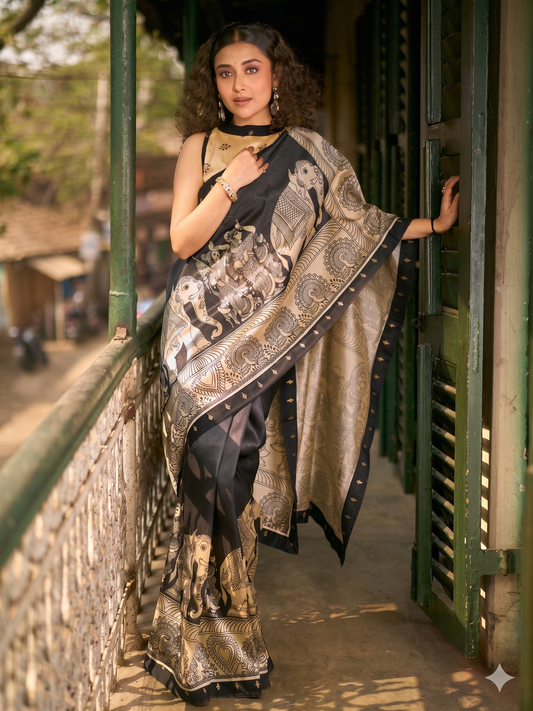 Traditional Black Art Silk Kalamkari Printed Saree with Detailed Pallu with Stiched Blouse