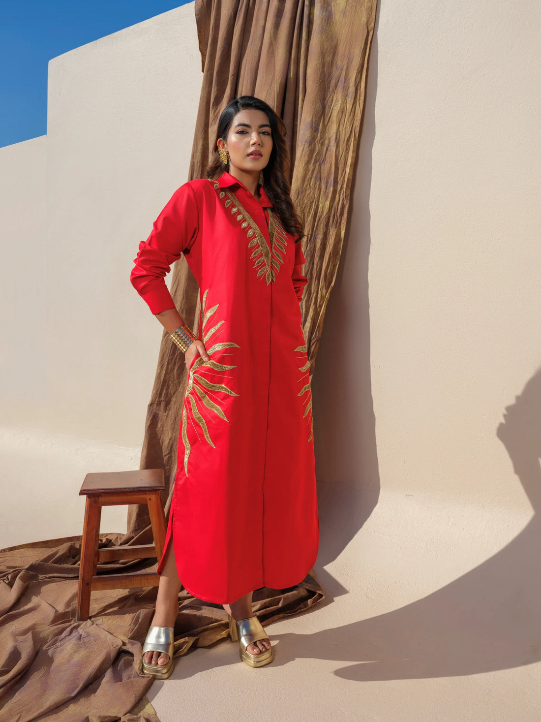 Black Cotton Shirt Dress with Luxe Gold Leaf Embroidery