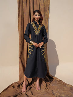 Black Cotton Shirt Dress with Luxe Gold Leaf Embroidery