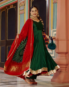 Rajwadi Green Chanderi Anarkali Suit Set