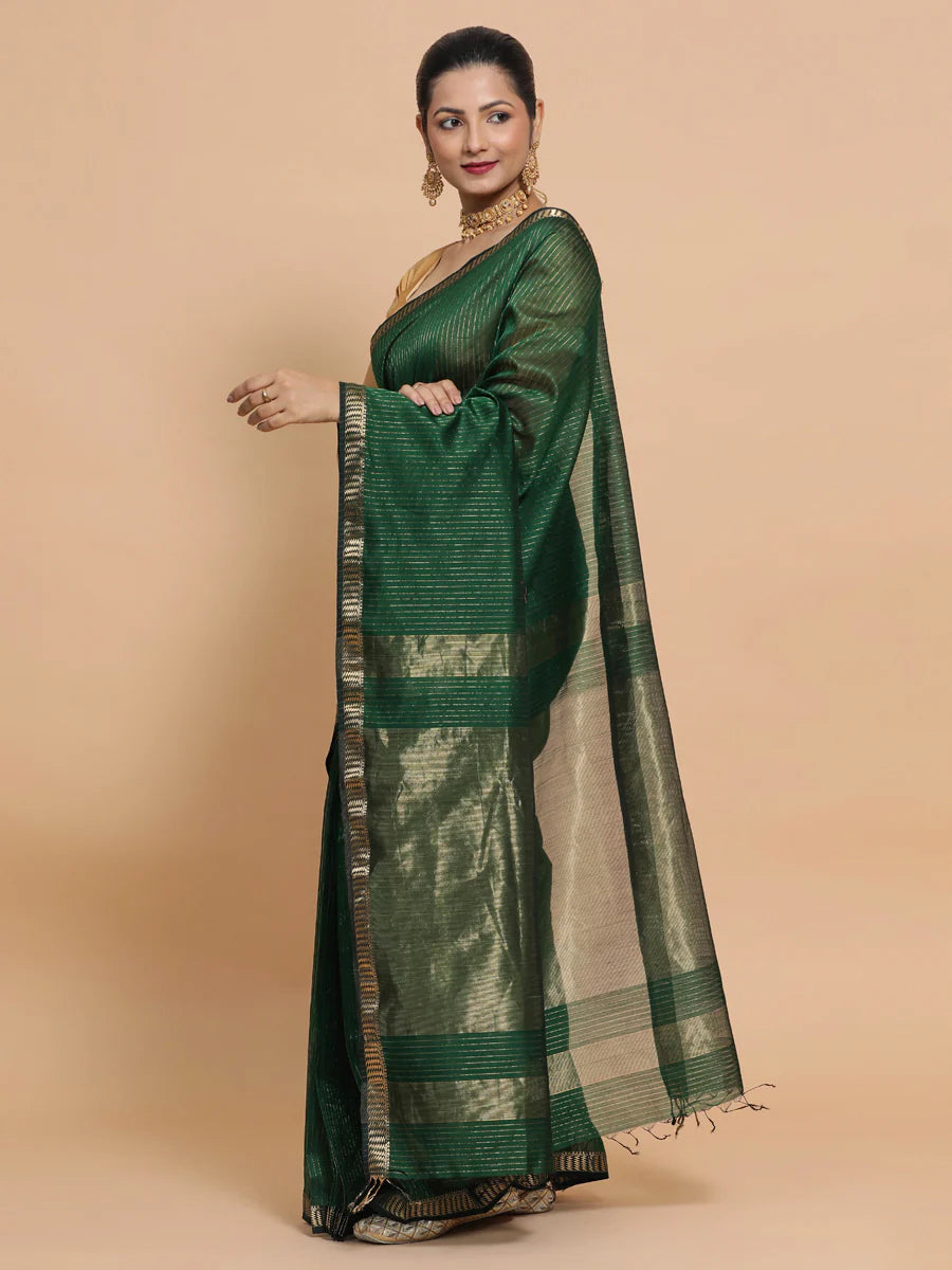 Green Maheshwari Cotton Silk Golden Zari Border Saree