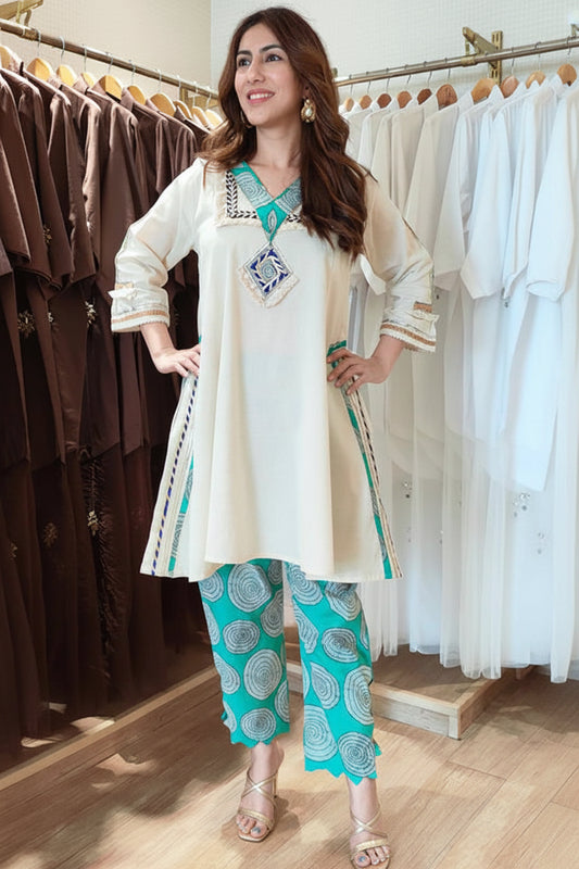 Ivory Cotton Flex Short Kurta with Green Printed Pant Set
