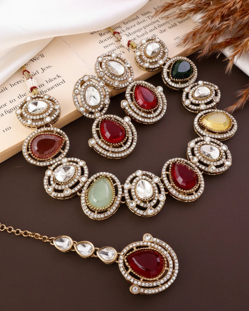 Multi Hania Premium Polki Dupe Necklace Set with Earrings & Mangteeka – By Reet Lifestyle