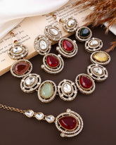 Multi Hania Premium Polki Dupe Necklace Set with Earrings & Mangteeka – By Reet Lifestyle