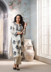 Solid Cotton Linen Women's 2PC Long Kurta Set - Off White