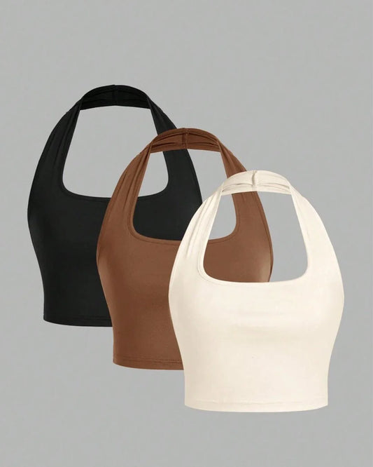Set Of 3 - Halter Neck Cropped Camisole Tops