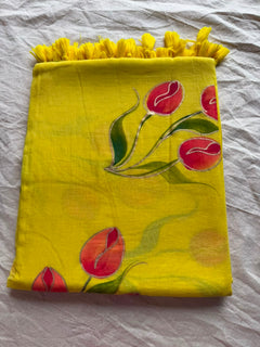 Sunshine Yellow Hand-Painted Tulip Mul Cotton Saree