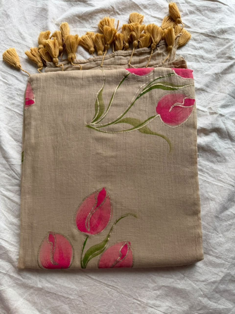 Sunshine Yellow Hand-Painted Tulip Mul Cotton Saree