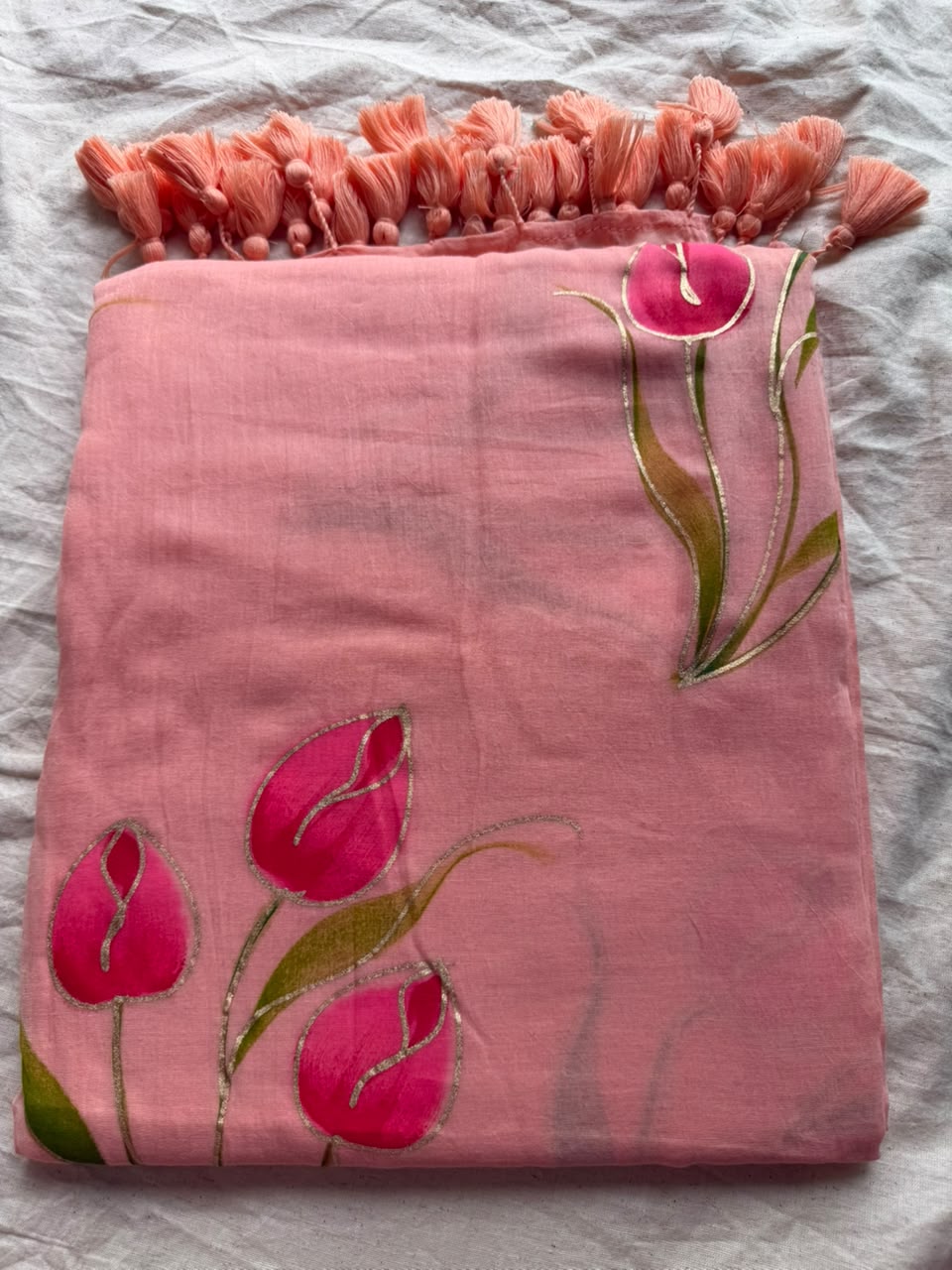 Sunshine Yellow Hand-Painted Tulip Mul Cotton Saree