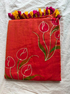 Sunshine Yellow Hand-Painted Tulip Mul Cotton Saree
