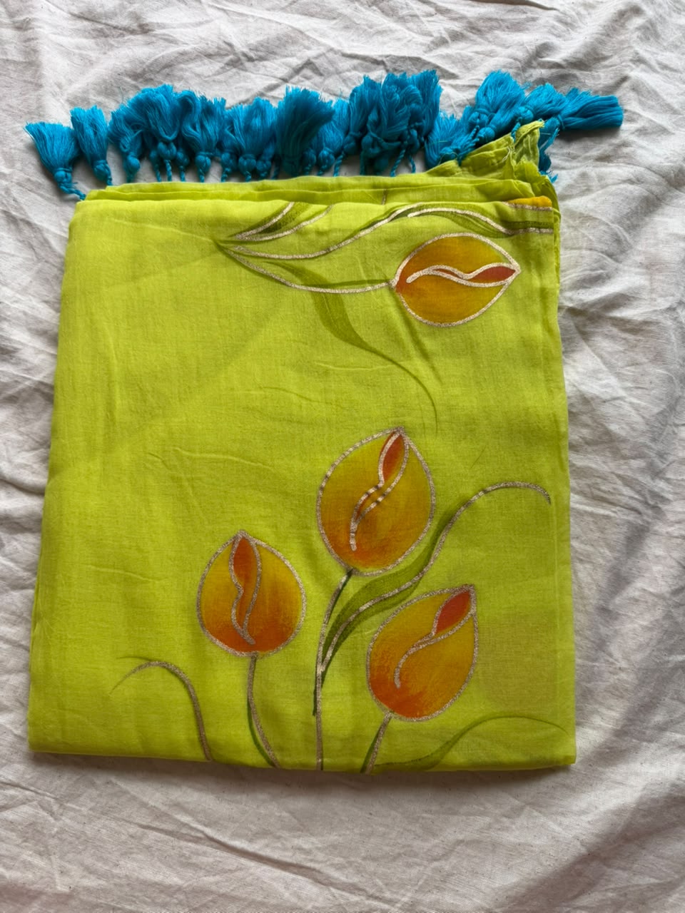 Sunshine Yellow Hand-Painted Tulip Mul Cotton Saree