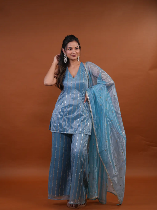 Azure Shimmer Sequin Sharara Set