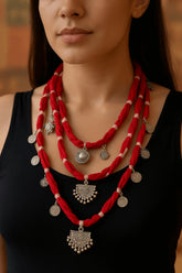 Red Hand-Braided Fabric Statement Necklace