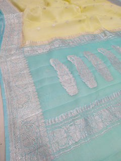 Pastel Yellow & Aqua Blue Banarasi Pure Chiffon Silk Saree with Silver Zari Work
