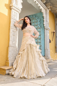 Noor Cream Net Pre-Draped Saree with Moti & Stone Work Blouse