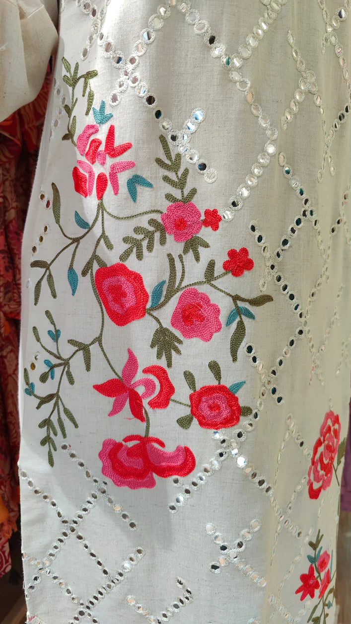 Off White and Pink Rose Kaftan Dress