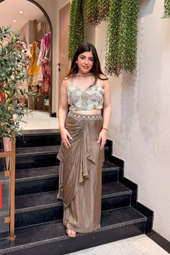 Henamontana Taupe Chinon Skirt Set Lehenga