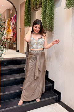 Henamontana Taupe Chinon Skirt Set Lehenga