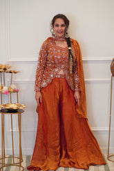 Rust Orange Embroidered Festive Palazzo Set with Dupatta