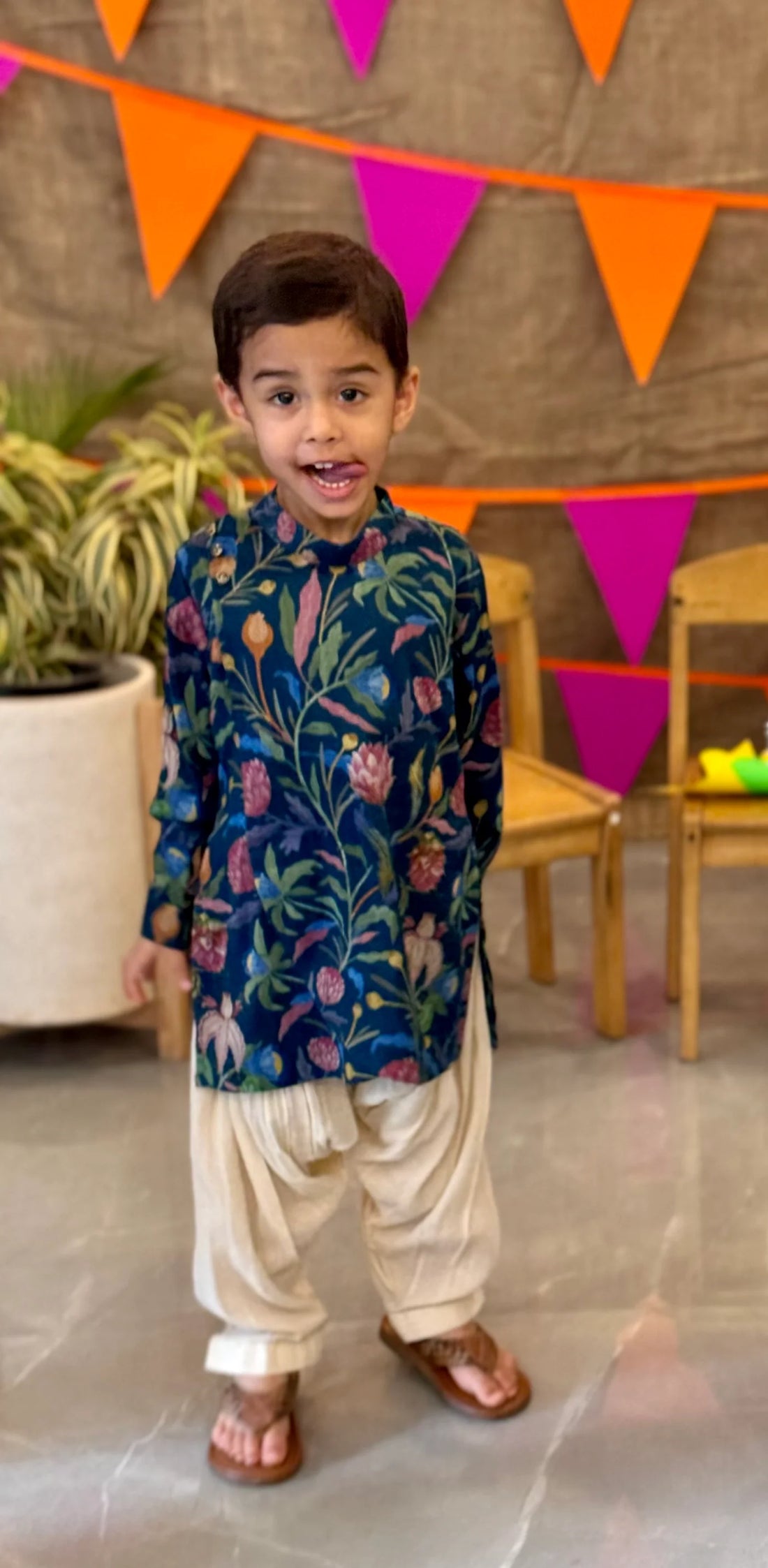 Navy Blue Chanderi Floral Kurta Patiala