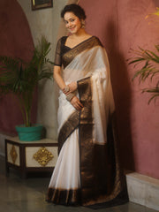 White Black Semi Silk Saree Zari Border
