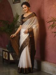 White Black Semi Silk Saree Zari Border