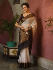 White Black Semi Silk Saree Zari Border
