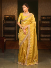 Tissue Mustard Yellow Saree with Zari Buti & Lace