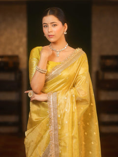 Tissue Mustard Yellow Saree with Zari Buti & Lace