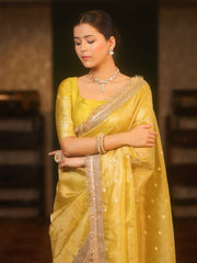 Tissue Mustard Yellow Saree with Zari Buti & Lace