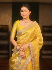 Tissue Mustard Yellow Saree with Zari Buti & Lace